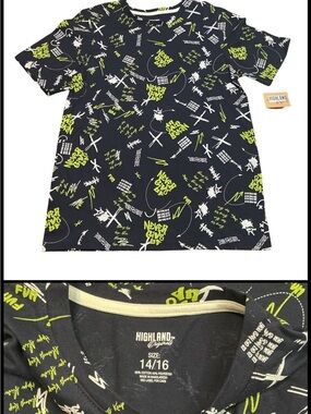 💟Highland Originals Boys Graphic T-Shirt Size 14/16 Black Neon Short Sleeve